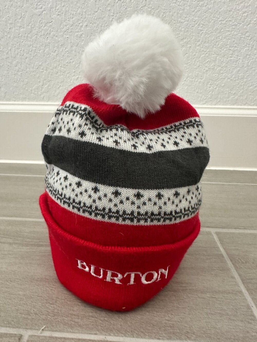 Burton Stoli Vodka Beanie Knit Pom Red Gray White Fair Isle Ski Adult One Size